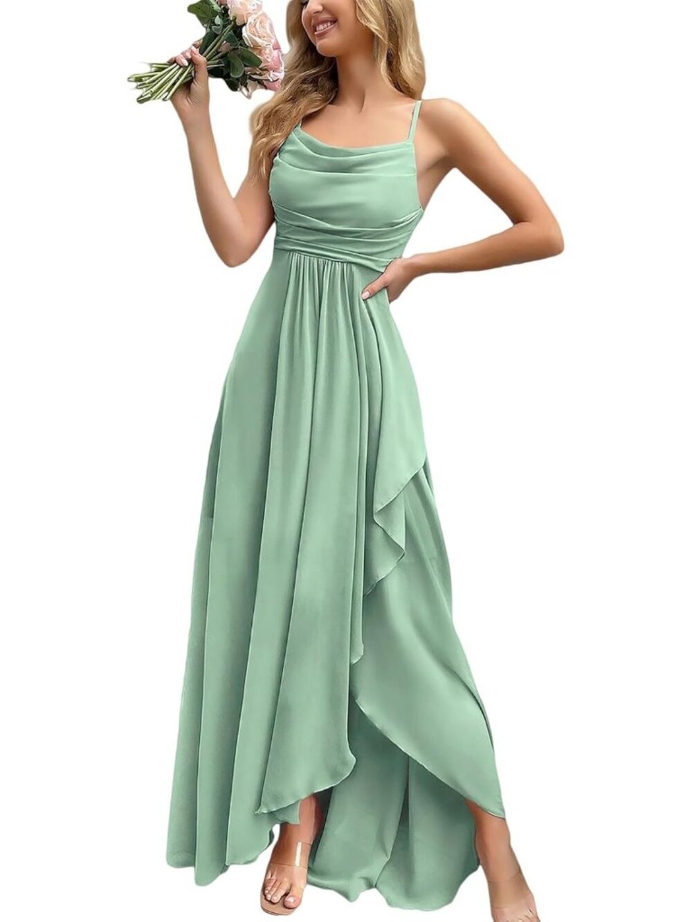 Women's Light Green Cowl Neck Spaghetti Strap Cocktail Bodycon Maxi Dress